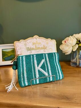 India Handmade Beaded K Initial Zipper Pouch Tassel Wallet